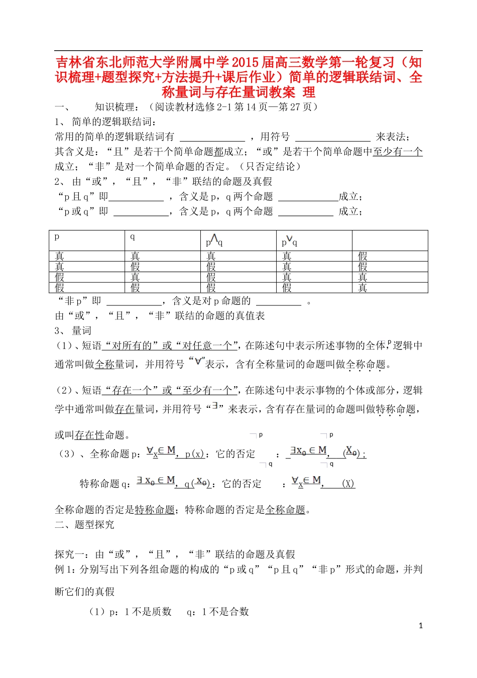 吉林省东北师范大学附属中学2015届高三数学第一轮复习（知识梳理+题型探究+方法提升+课后作业）简单的逻辑联结词、全称量词与存在量词教案 理_第1页