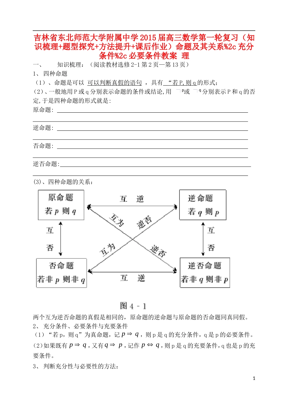 吉林省东北师范大学附属中学2015届高三数学第一轮复习（知识梳理+题型探究+方法提升+课后作业）命题及其关系%2c充分条件%2c必要条件教案 理_第1页