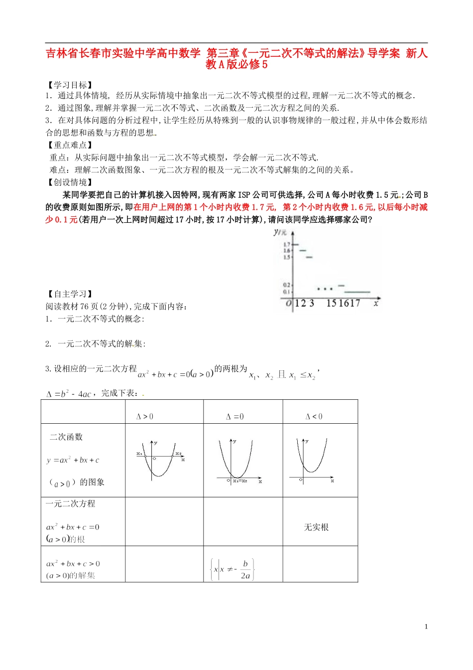 吉林省长春市实验中学高中数学 第三章《一元二次不等式的解法》导学案 新人教A版必修5_第1页