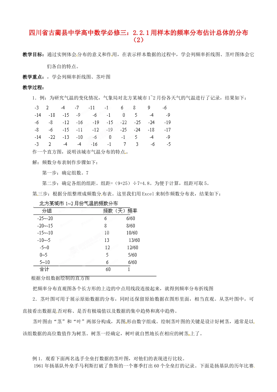 四川省古蔺县中学高中数学 2.2.1用样本的频率分布估计总体的分布（2教学案 新人教B版必修3_第1页