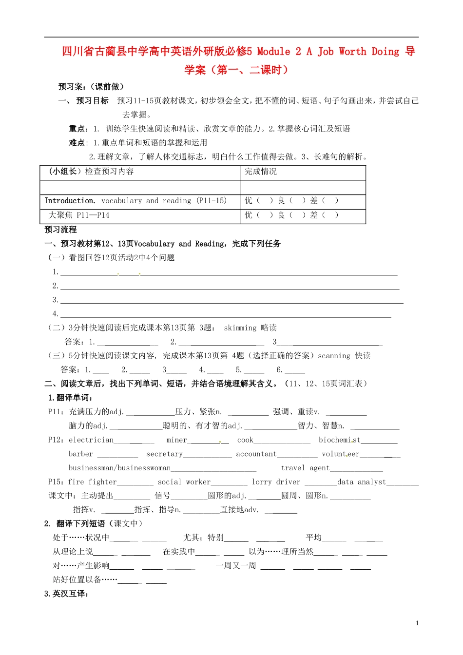 四川省古蔺县中学高中英语 Module2 A Job Worth Doing（第一、二课时）导学案 外研版必修5_第1页