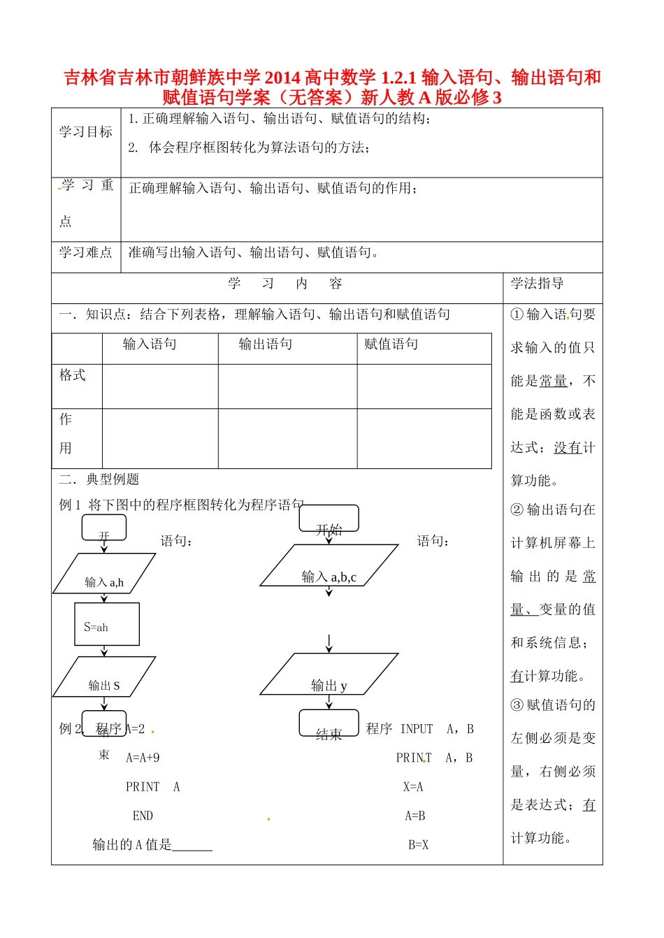 吉林省吉林市朝鲜族中学2014高中数学 1.2.1 输入语句、输出语句和赋值语句学案（无答案）新人教A版必修3_第1页