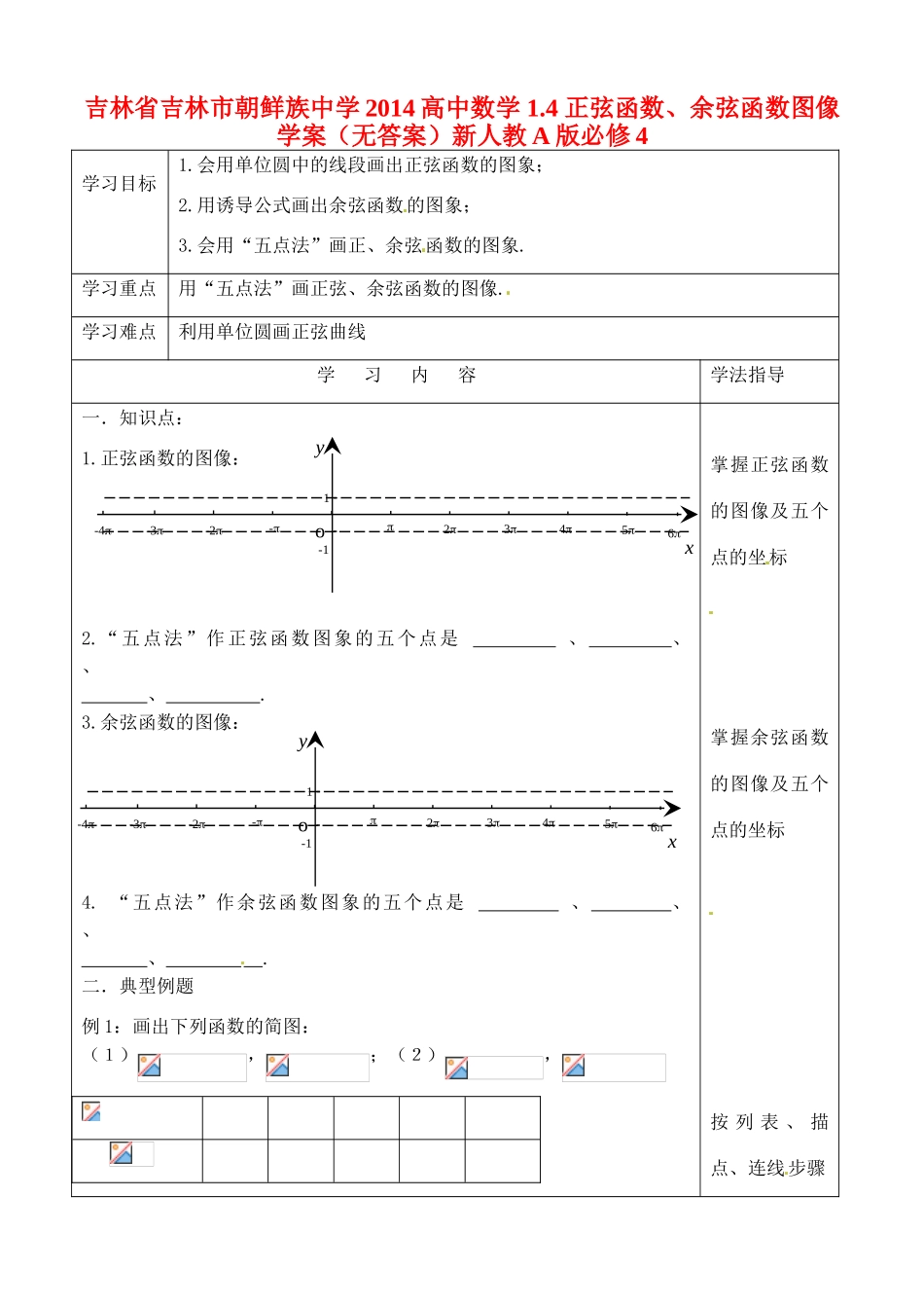 吉林省吉林市朝鲜族中学2014高中数学 1.4 正弦函数、余弦函数图像学案（无答案）新人教A版必修4_第1页