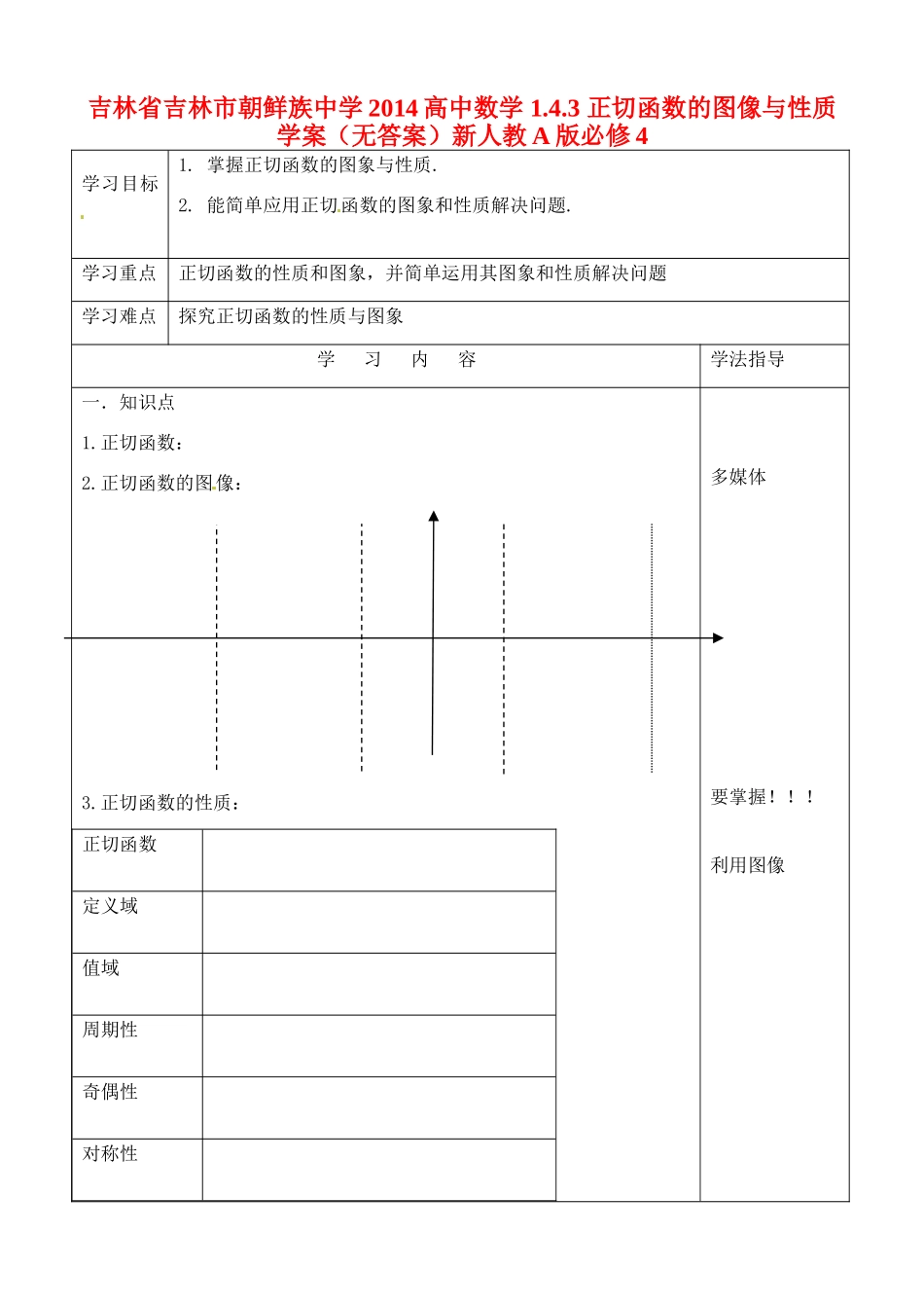 吉林省吉林市朝鲜族中学2014高中数学 1.4.3 正切函数的图像与性质学案（无答案）新人教A版必修4_第1页