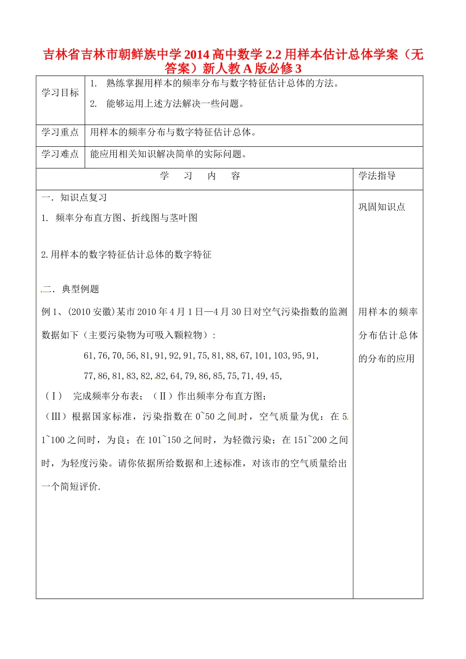 吉林省吉林市朝鲜族中学2014高中数学 2.2 用样本估计总体学案（无答案）新人教A版必修3_第1页