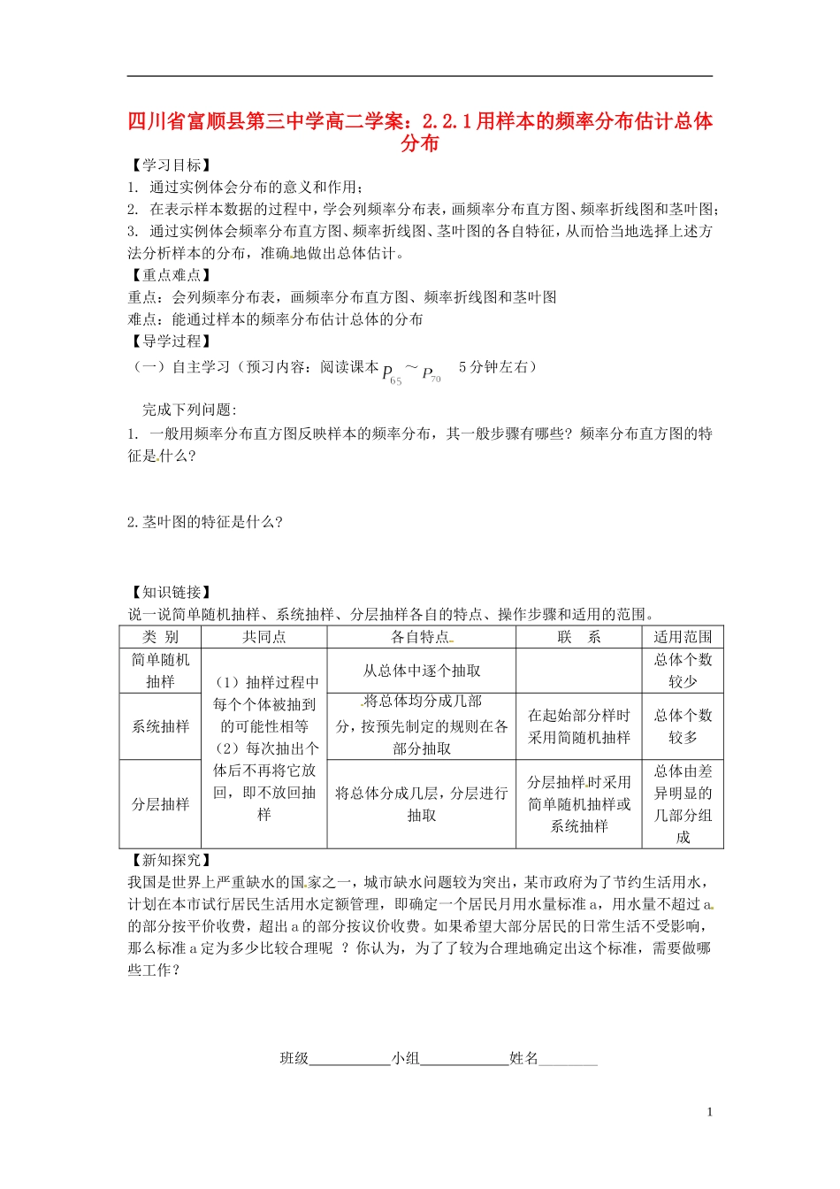 四川省富顺县第三中学高二数学 2.2.1用样本的频率分布估计总体分布学案_第1页