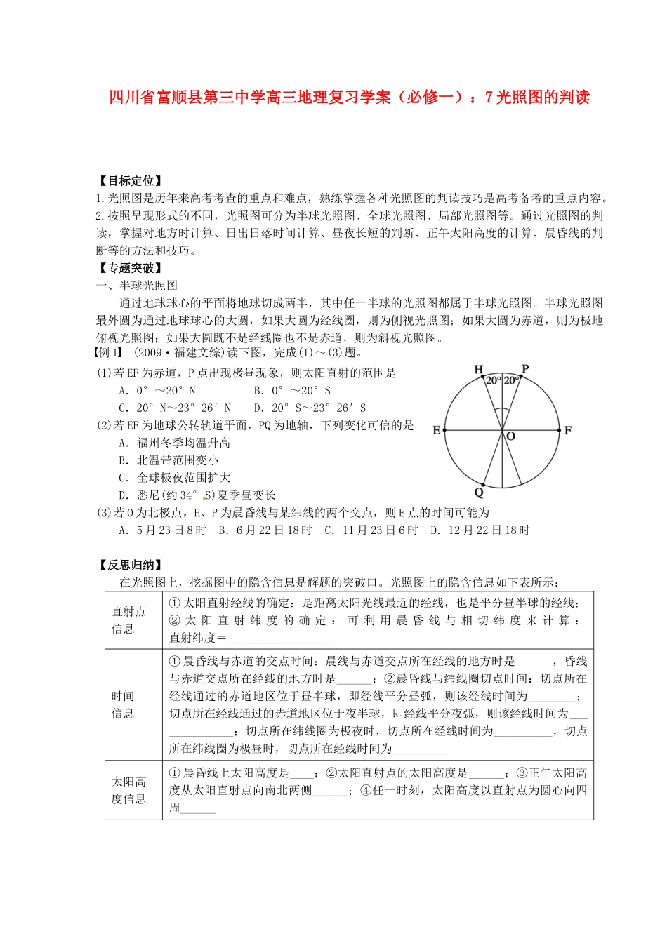 四川省富顺县第三中学高三地理 光照图的判读复习学案 新人教版必修1_第1页