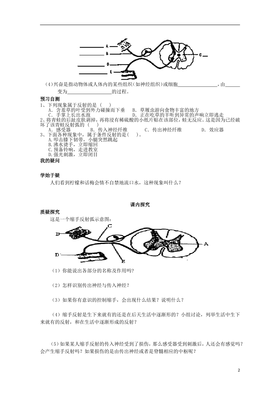 四川省岳池县第一中学2014-2015学年高中生物 第2章 第1节 第1课时 神经调节的结构基础和反射学案 新人教版必修3_第2页