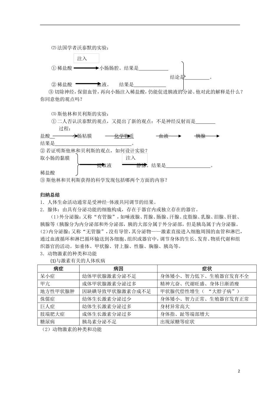 四川省岳池县第一中学2014-2015学年高中生物 第2章 第2节 第1课时 激素的发现及其生理功能学案 新人教版必修3_第2页