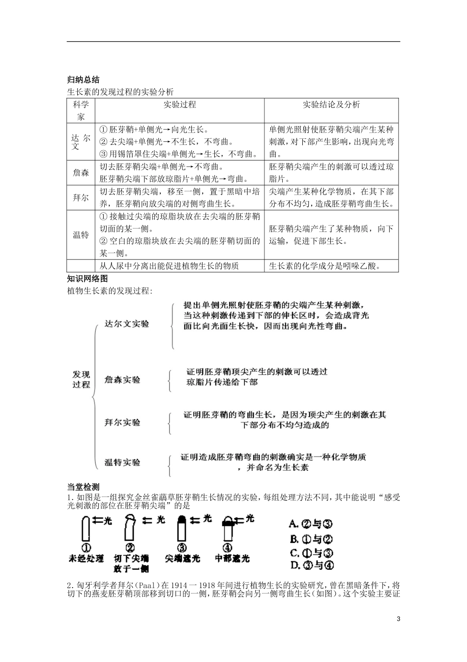 四川省岳池县第一中学2014-2015学年高中生物 第3章 第1节 第1课时 植物生长素的发现学案 新人教版必修3_第3页