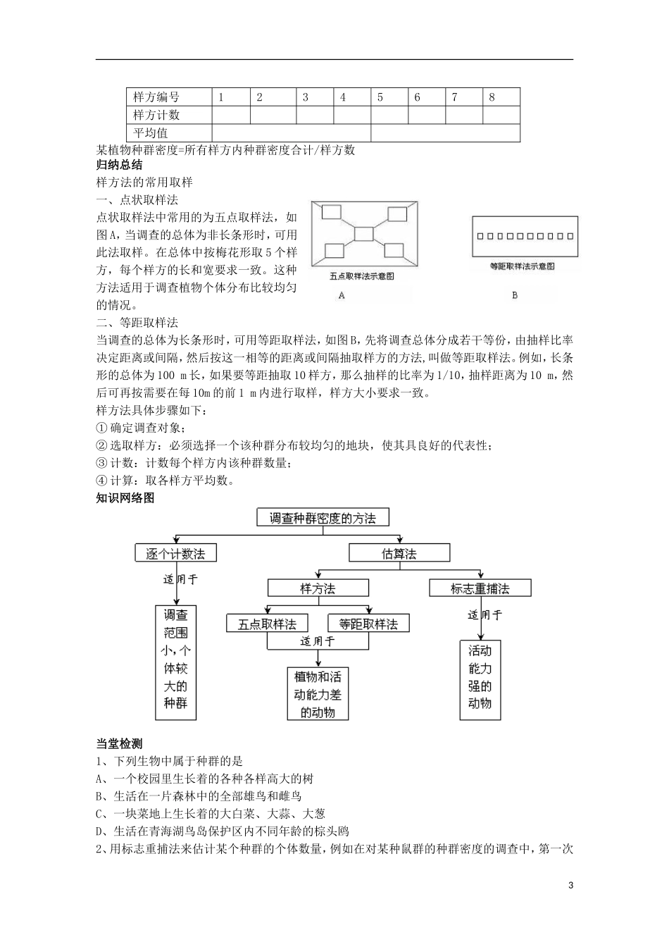四川省岳池县第一中学2014-2015学年高中生物 第4章 第1节 第1课时 种群密度及调查种群密度的方法学案 新人教版必修3_第3页