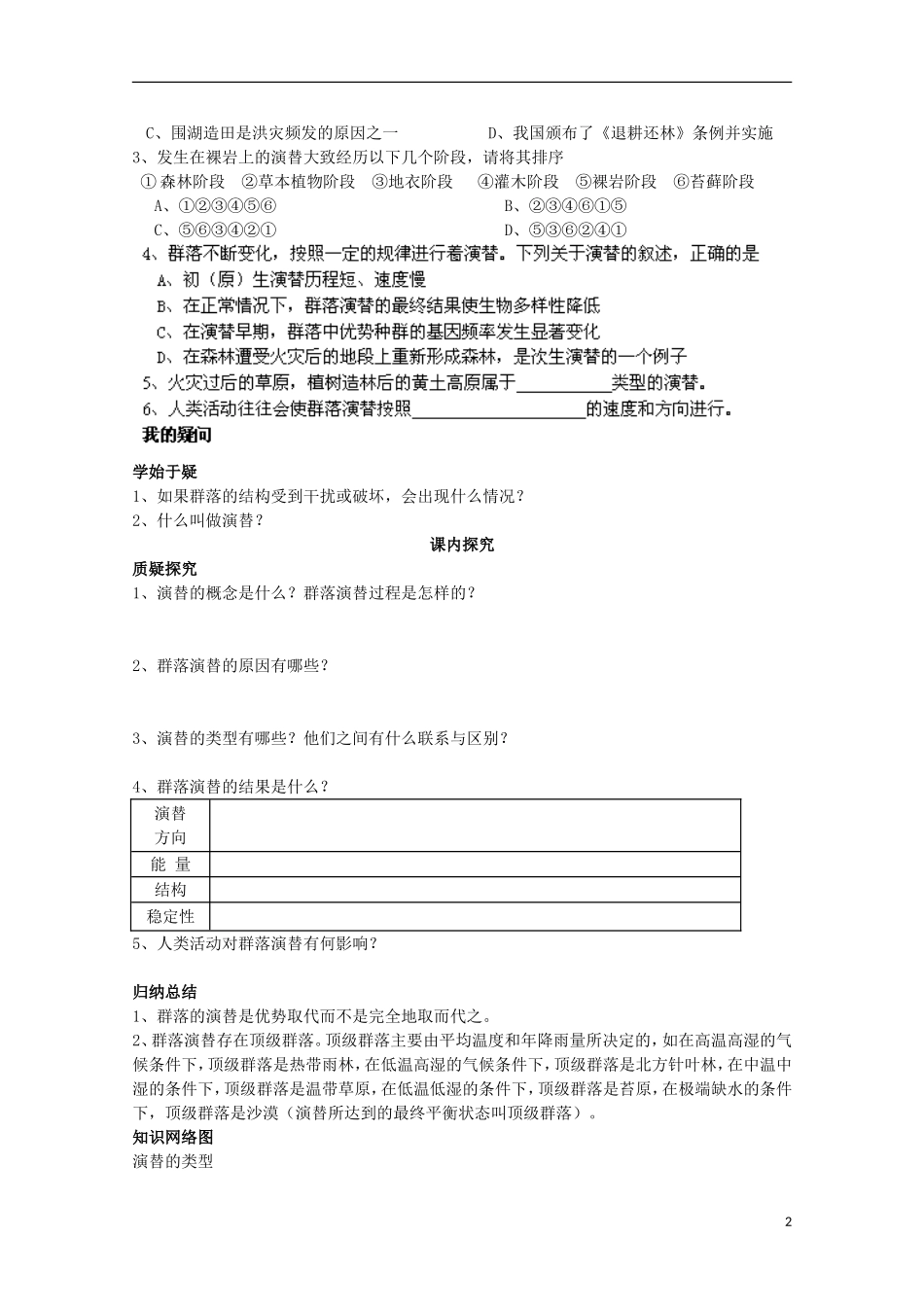 四川省岳池县第一中学2014-2015学年高中生物 第4章 第4节 群落的演替学案 新人教版必修3_第2页
