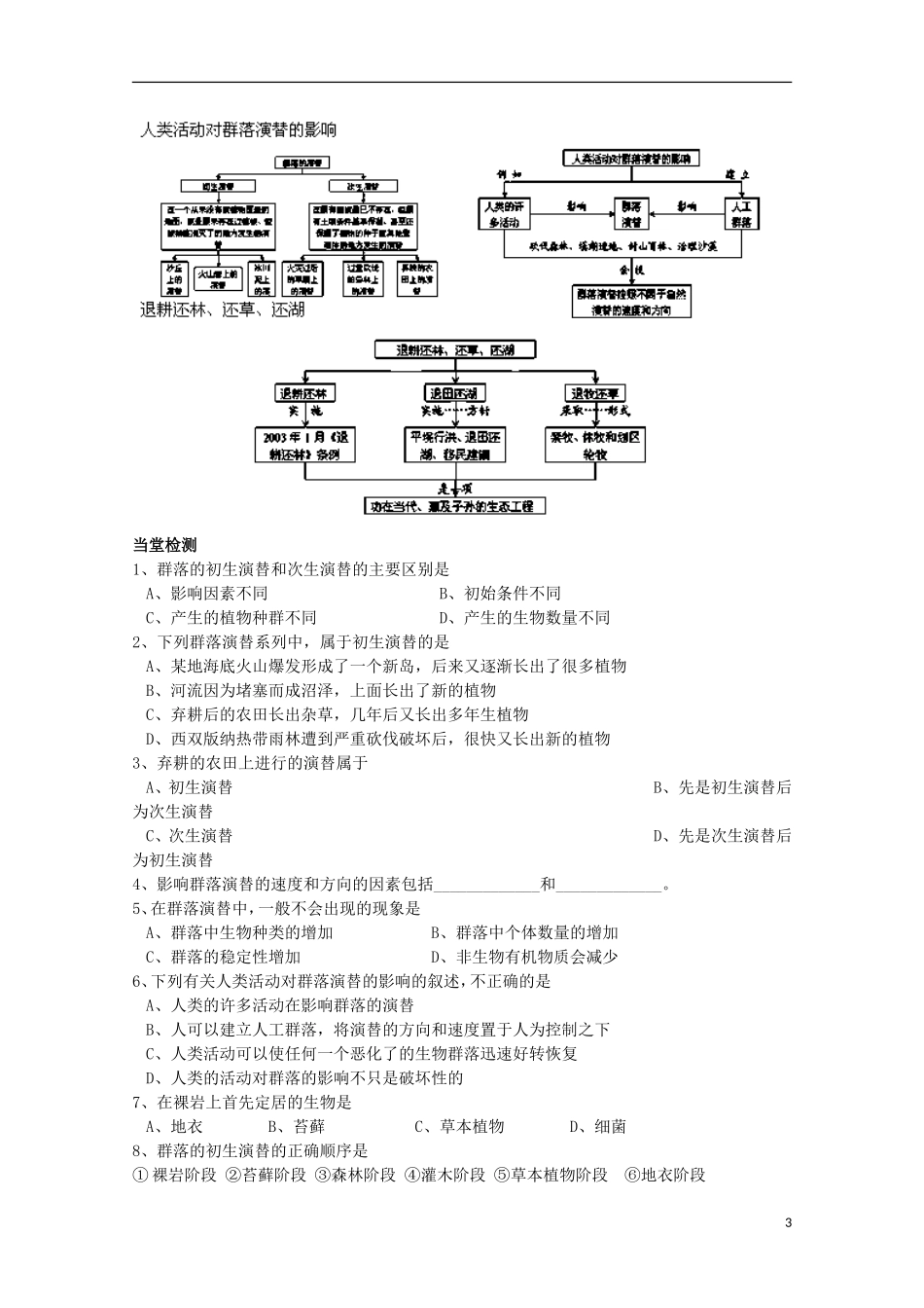 四川省岳池县第一中学2014-2015学年高中生物 第4章 第4节 群落的演替学案 新人教版必修3_第3页