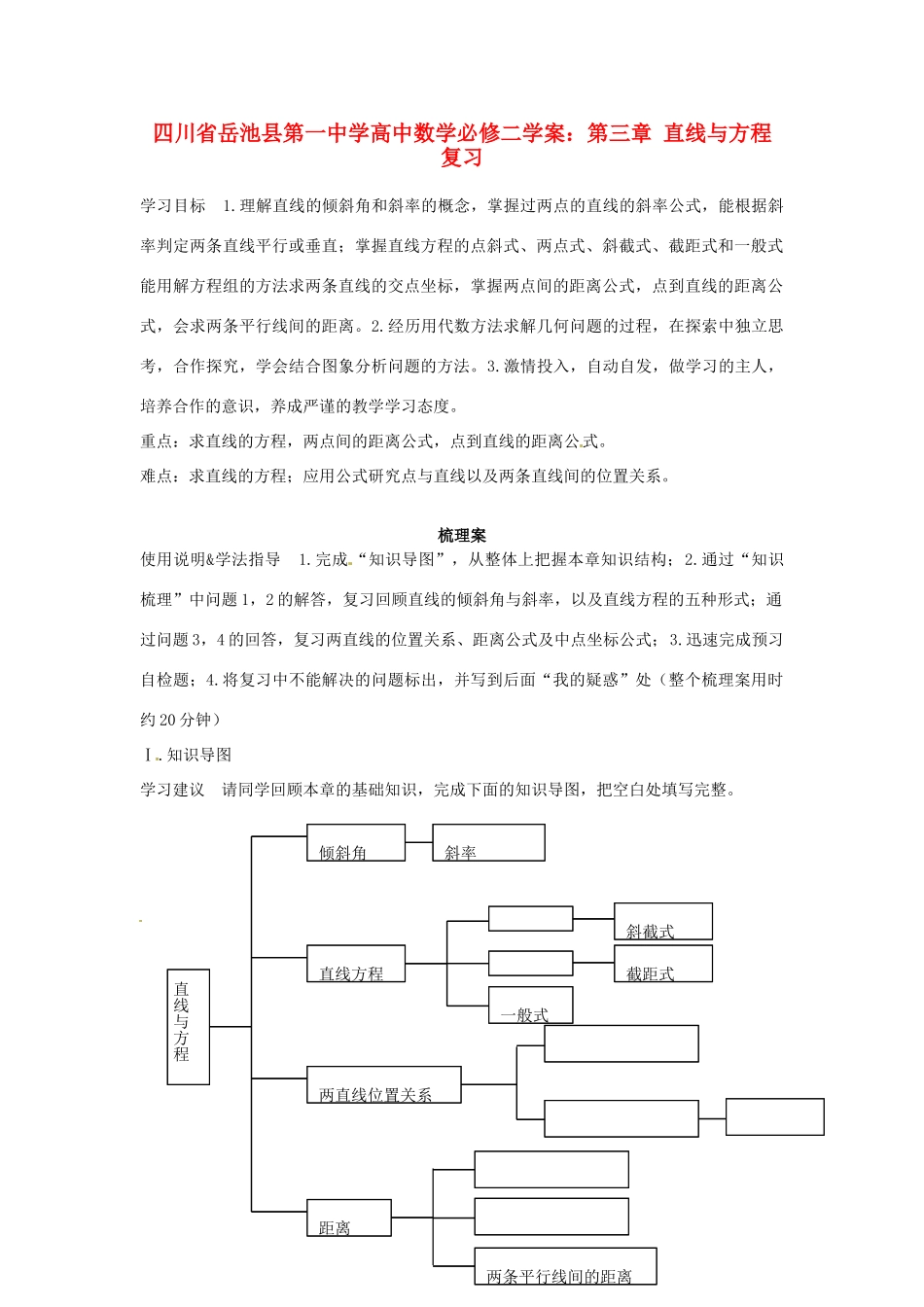 四川省岳池县第一中学高中数学 第三章 直线与方程复习学案 新人教版必修2_第1页