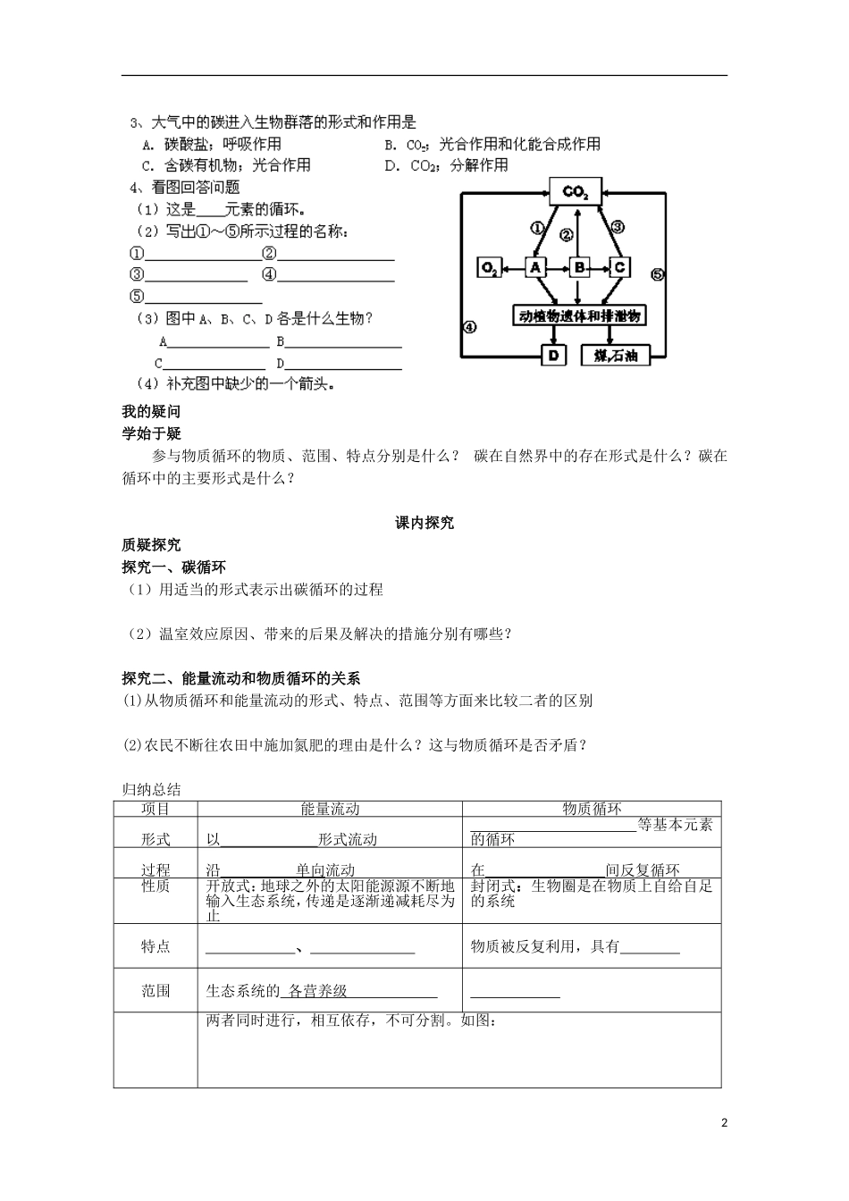 四川省岳池县第一中学2014-2015学年高中生物 第5章 第3节 生态系统的物质循环学案 新人教版必修3_第2页