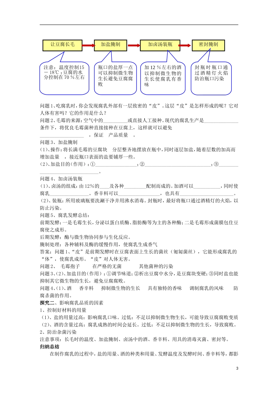 四川省岳池县第一中学2014-2015学年高中生物 专题1 课题2 第2课时 腐乳的制作课前预习学案 新人教版选修1_第3页