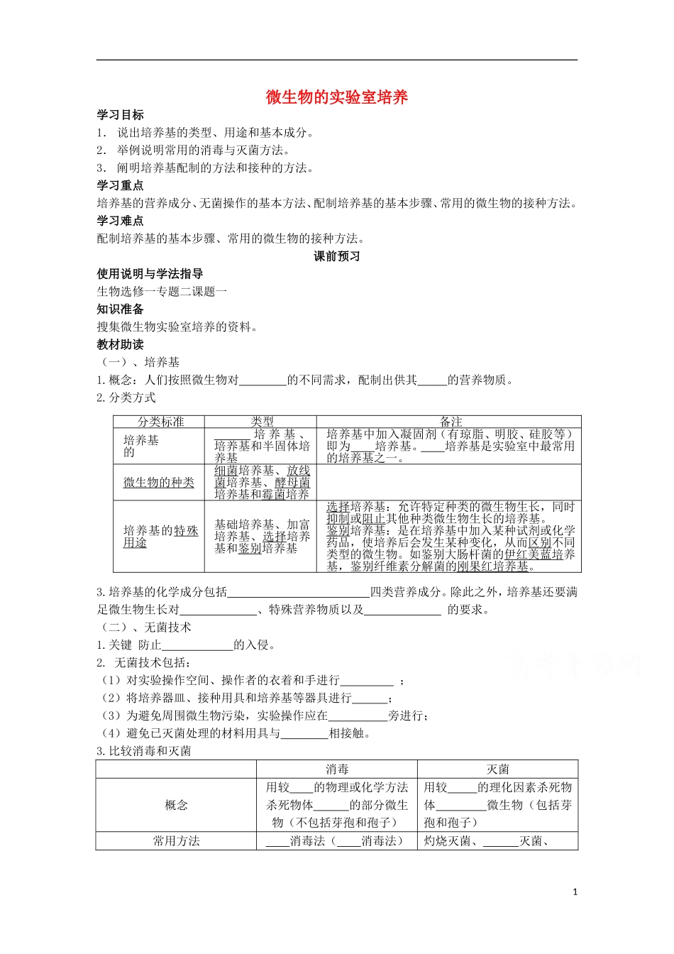 四川省岳池县第一中学2014-2015学年高中生物 专题2 课题1 微生物的实验室培养学案 新人教版选修1_第1页