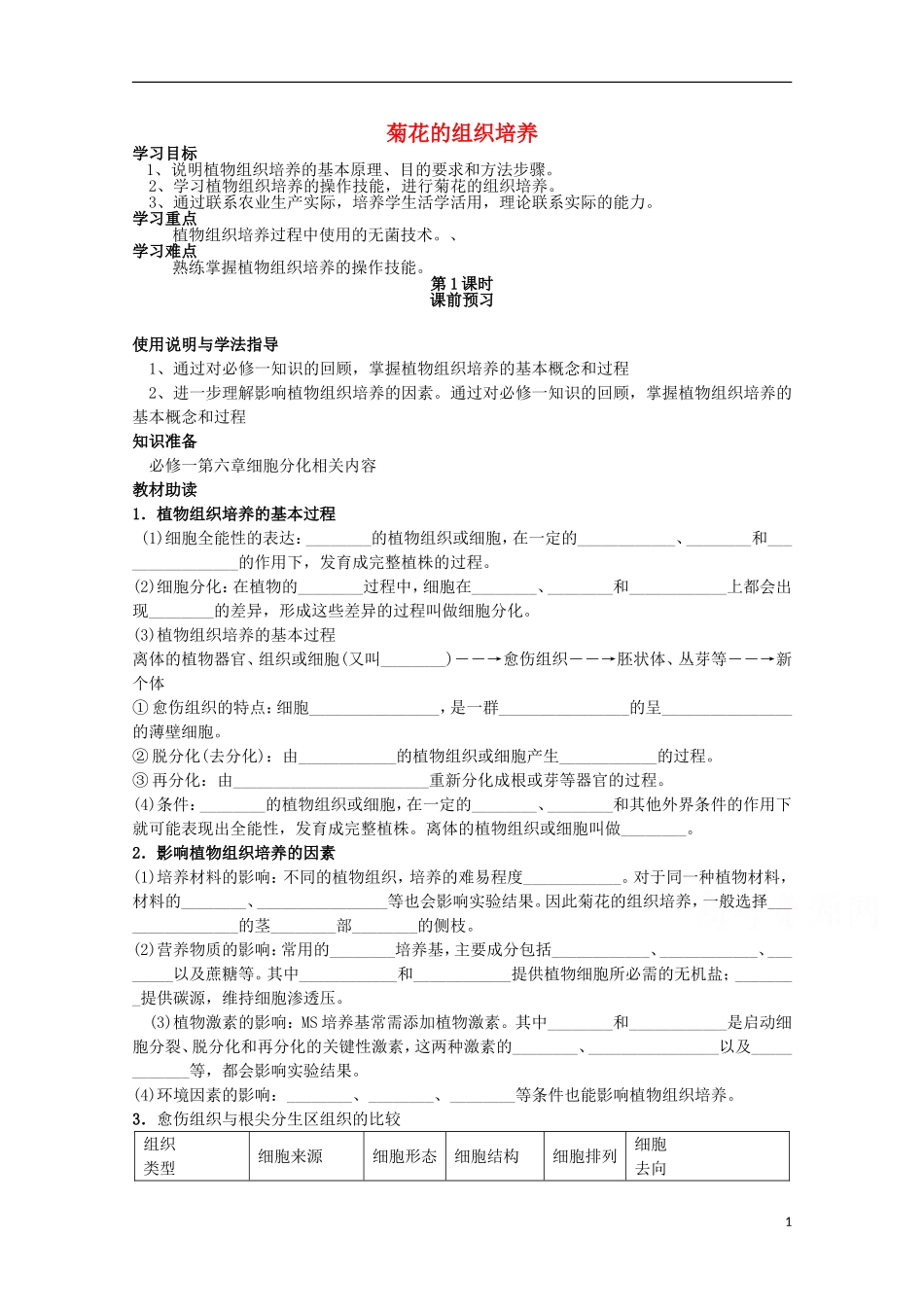 四川省岳池县第一中学2014-2015学年高中生物 专题3 课题1 第1课时 菊花的组织培养学案 新人教版选修1_第1页