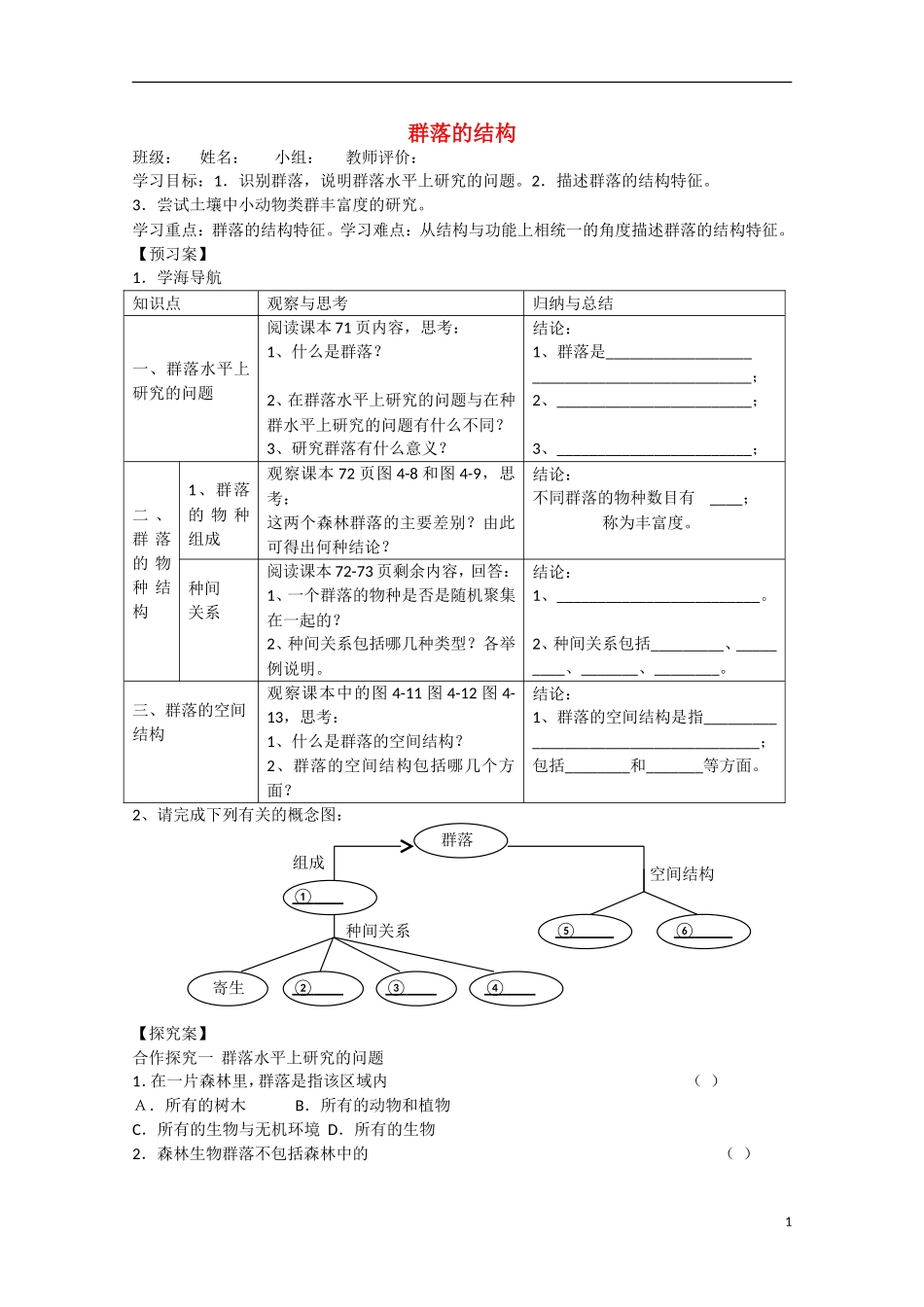 四川省泸县2012-2013学年高二生物《第三节 群落的结构》学案 新人教版_第1页