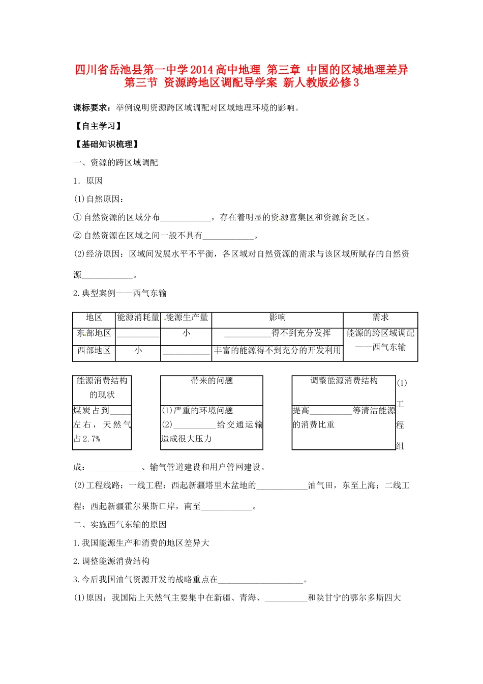 四川省岳池县第一中学2014高中地理 第三章 中国的区域地理差异 第三节 资源跨地区调配导学案 新人教版必修3_第1页