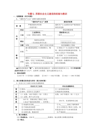 四川省泸州高级教育培训学校2012-2013学年高中历史 专题七 苏联社会主义建设的经验与教训学案 人民版必修2