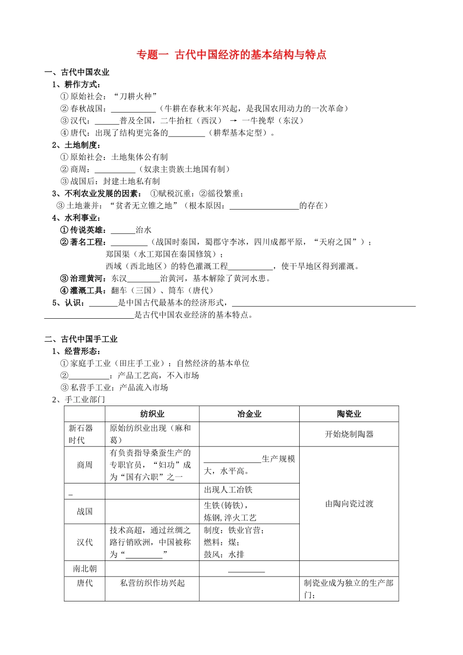 四川省泸州高级教育培训学校2012-2013学年高中历史 专题一 古代中国经济的基本结构与特点学案 人民版必修2_第1页