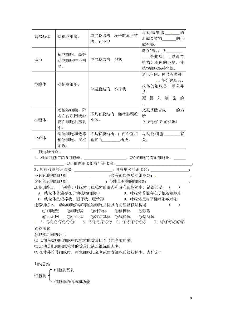 四川省岳池县第一中学2014高中生物 第3章 第2节（第1课时）细胞器的结构和功能学案 新人教版必修1_第3页
