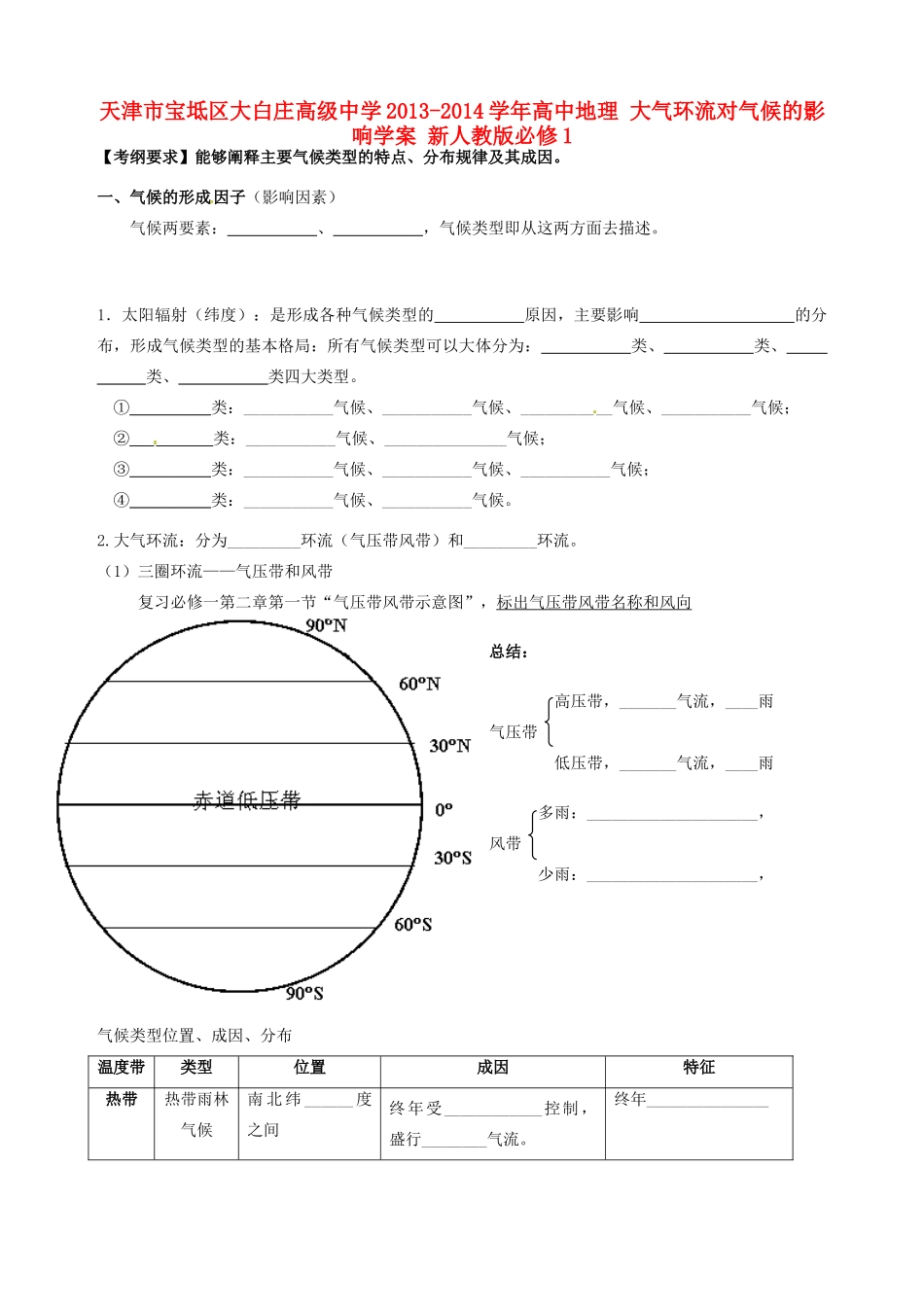 天津市宝坻区大白庄高级中学2013-2014学年高中地理 大气环流对气候的影响学案 新人教版必修1_第1页