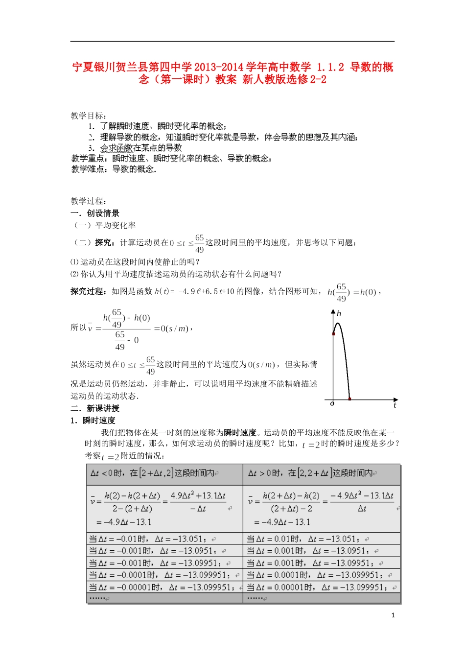 宁夏银川贺兰县第四中学2013-2014学年高中数学 1.1.2 导数的概念（第一课时）教案 新人教版选修2-2_第1页