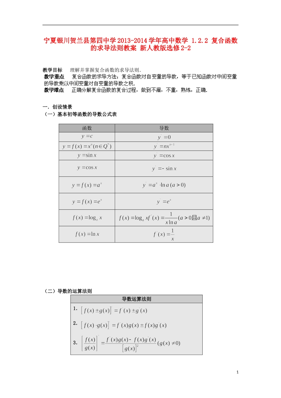 宁夏银川贺兰县第四中学2013-2014学年高中数学 1.2.2 复合函数的求导法则教案 新人教版选修2-2_第1页