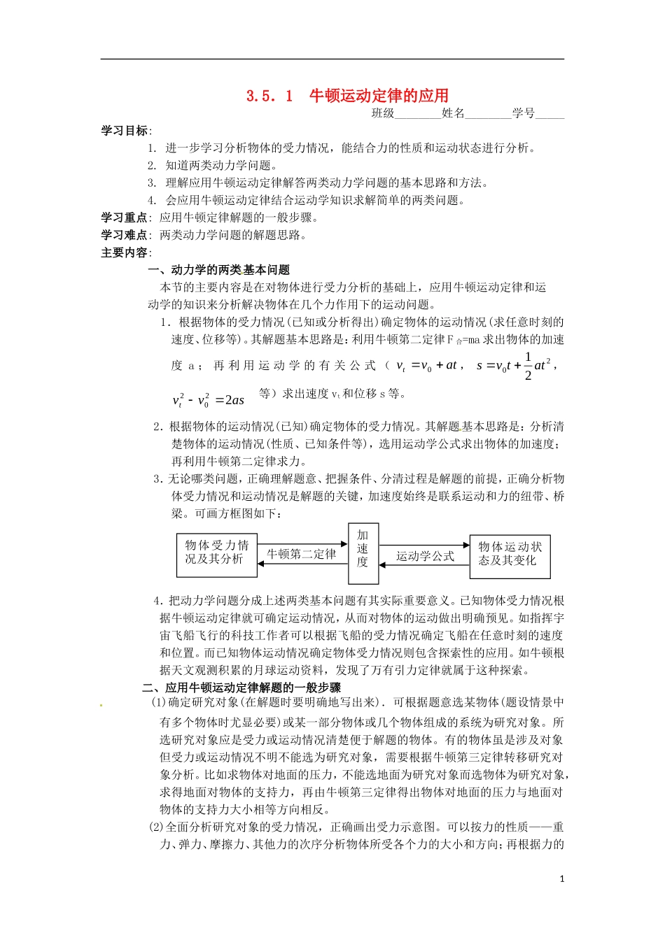 四川省木里县中学高中物理 3.5.1《牛顿运动定律的应用》学案 教科版必修1_第1页