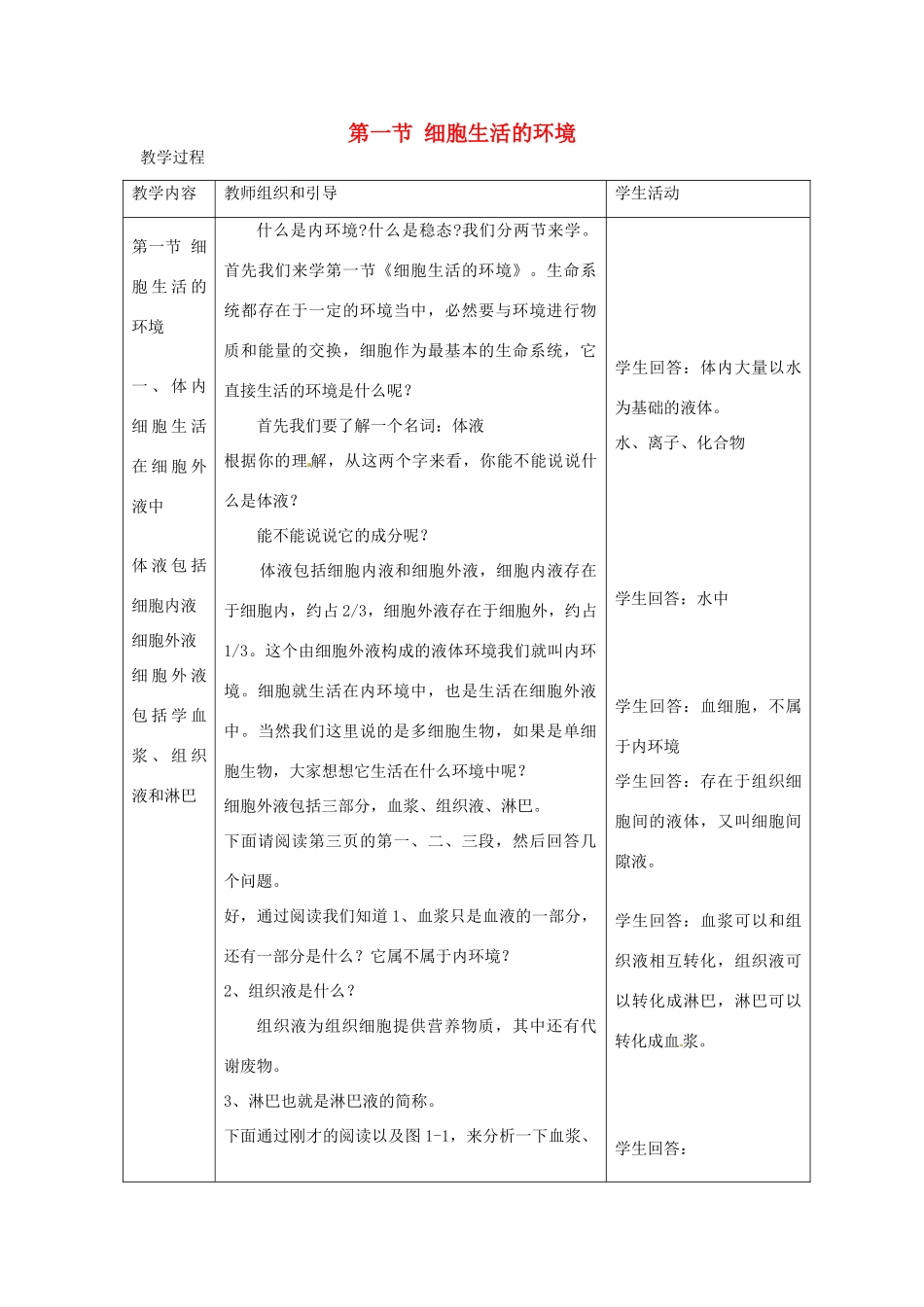 山东省2015年高中生物 第1章 第1节 细胞生活的环境新课教学过程1 新人教版必修3_第1页