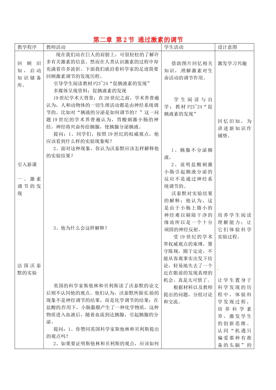 山东省2015年高中生物 第2章 第2节 通过激素的调节新课教学过程1 新人教版必修3_第1页