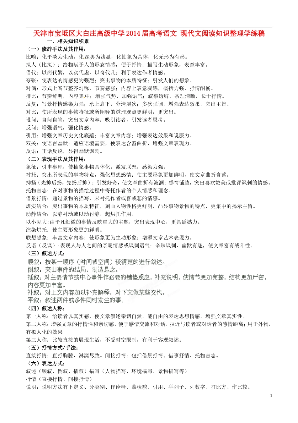 天津市宝坻区大白庄高级中学2014届高考语文 现代文阅读知识整理学练稿_第1页