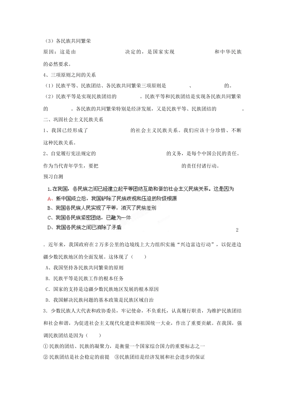 四川省岳池县第一中学高中政治 第7课 第1框 处理民族关系的原则 平等、团结、共同繁荣学案 新人教版必修2_第2页