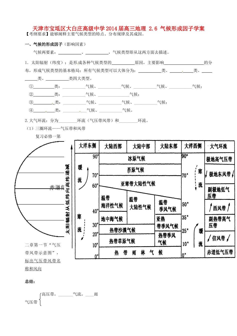 天津市宝坻区大白庄高级中学2014届高三地理 2.6 气候形成因子学案_第1页