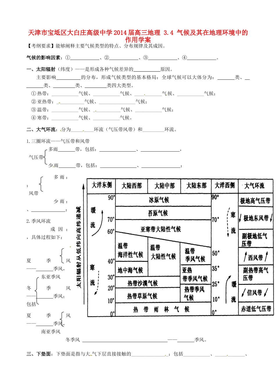 天津市宝坻区大白庄高级中学2014届高三地理 3.4 气候及其在地理环境中的作用学案_第1页