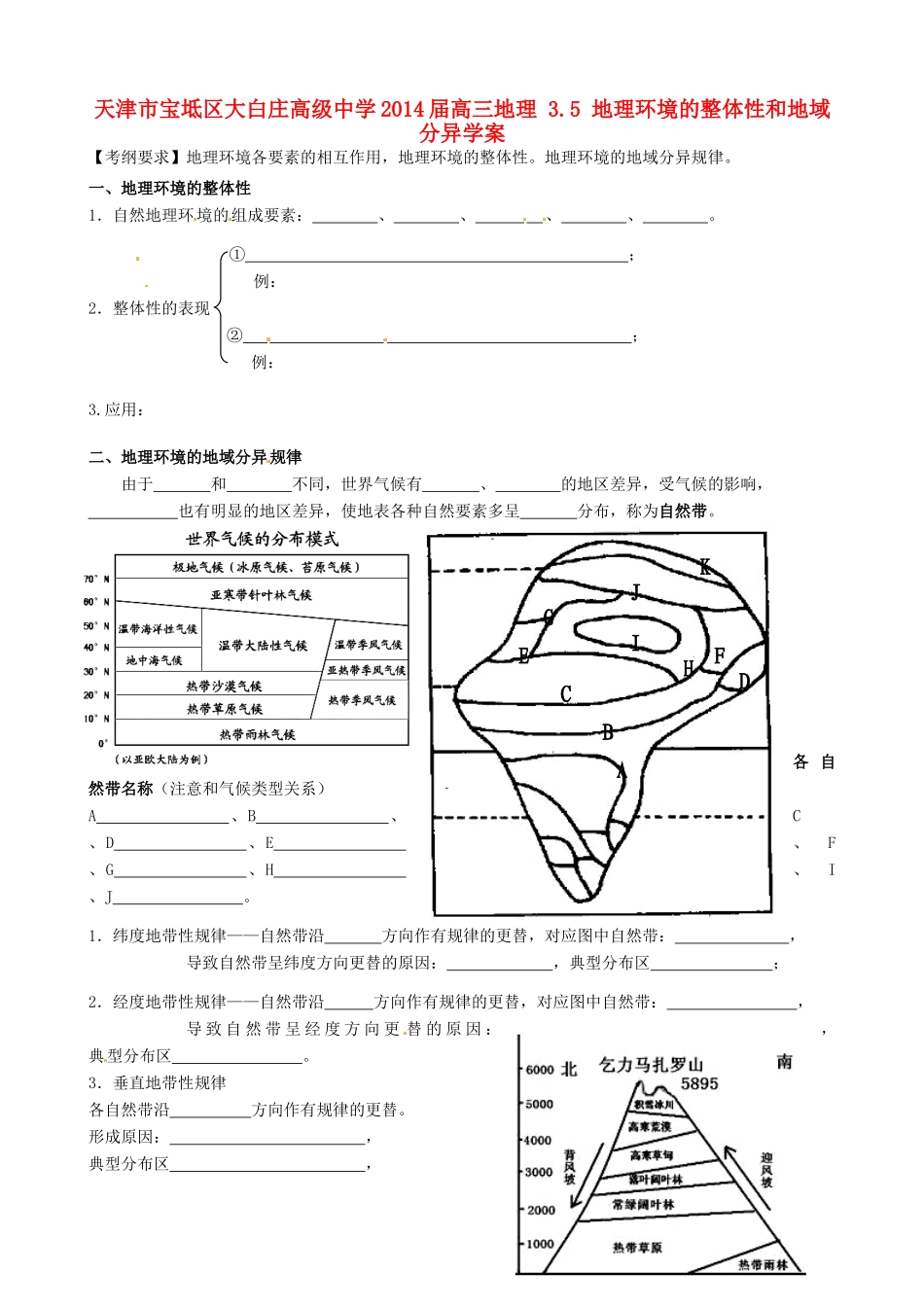 天津市宝坻区大白庄高级中学2014届高三地理 3.5 地理环境的整体性和地域分异学案_第1页
