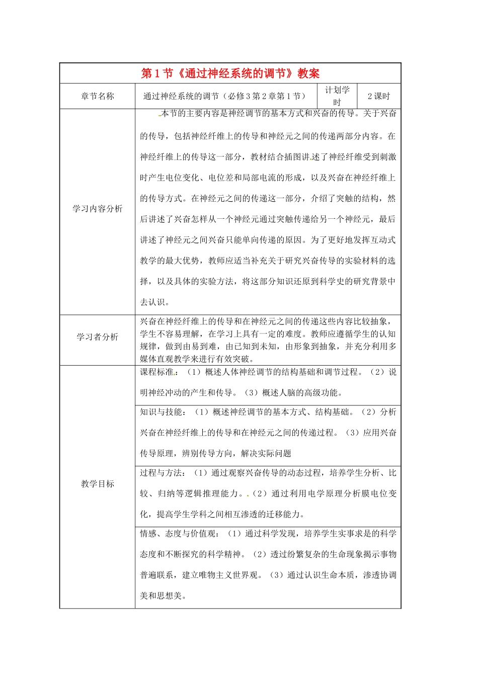 山东地区2012高中生物备课资料 通过神经系统的调节2教案 新人教版必修3_第1页
