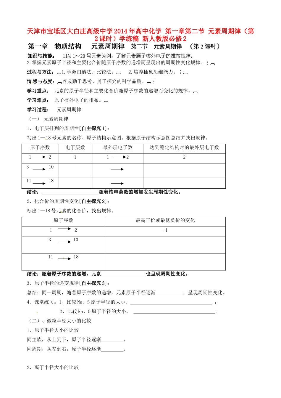 天津市宝坻区大白庄高级中学2014年高中化学 第一章第二节 元素周期律（第2课时）学练稿 新人教版必修2_第1页