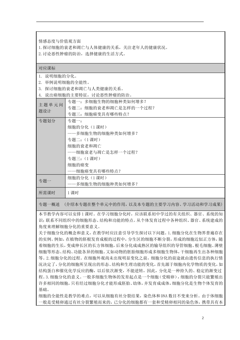 山东省2012-2013学年高中生物 细胞的分化衰老和凋亡主题单元设计 新人教版 _第2页