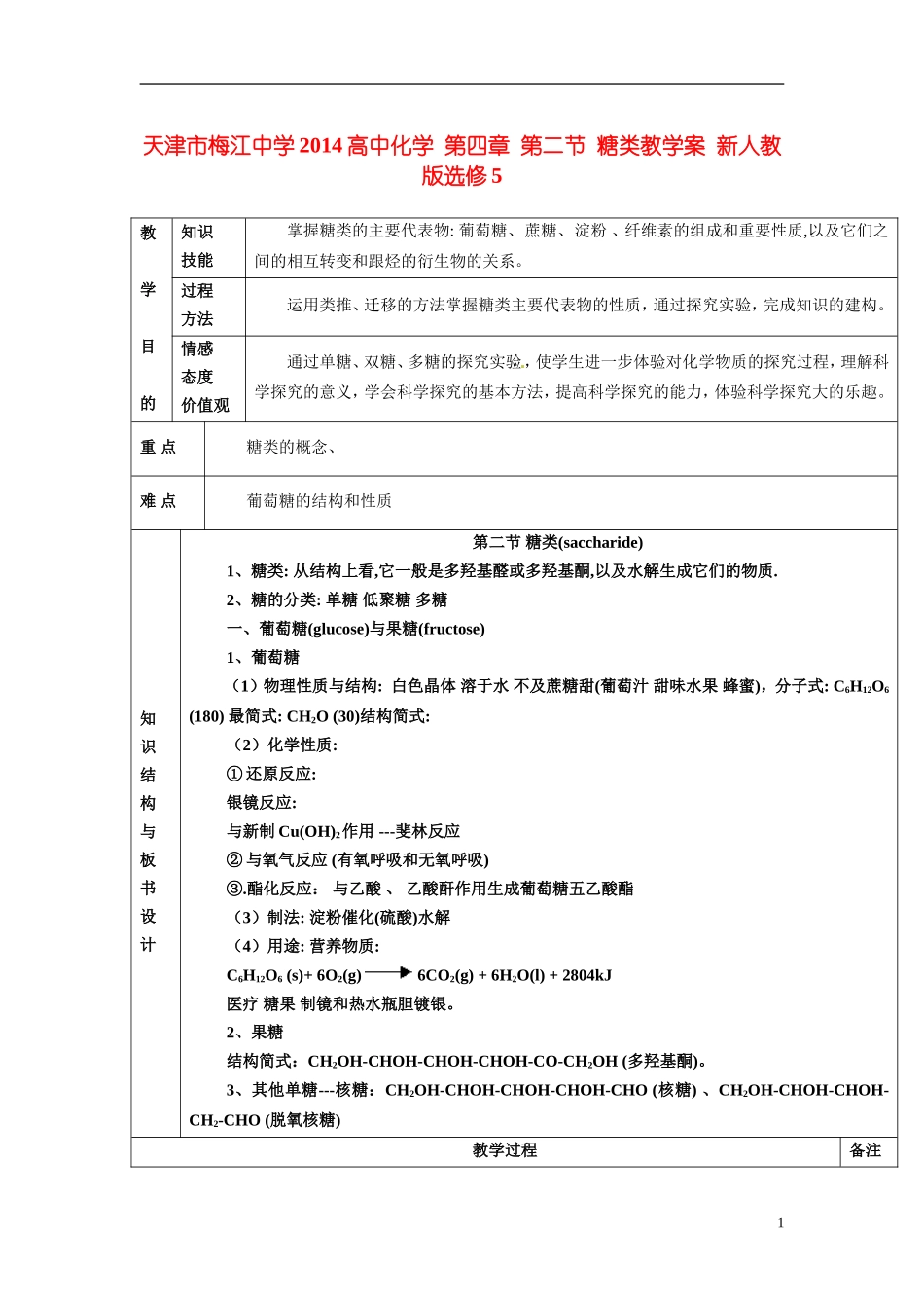 天津市梅江中学2014高中化学 第四章 第二节 糖类教学案 新人教版选修5_第1页