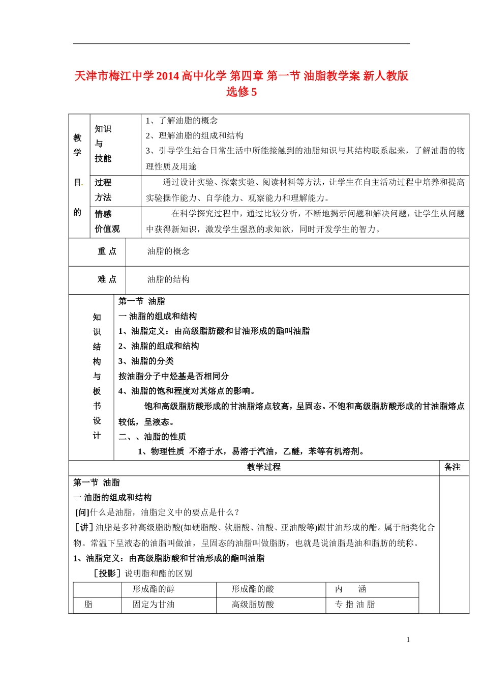 天津市梅江中学2014高中化学 第四章 第一节 油脂教学案 新人教版选修5_第1页