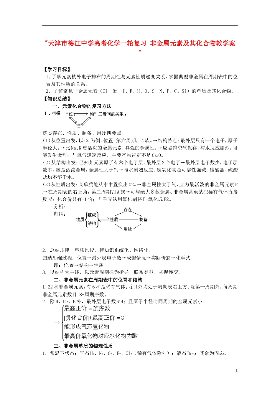 天津市梅江中学高考化学一轮复习 非金属元素及其化合物教学案 _第1页