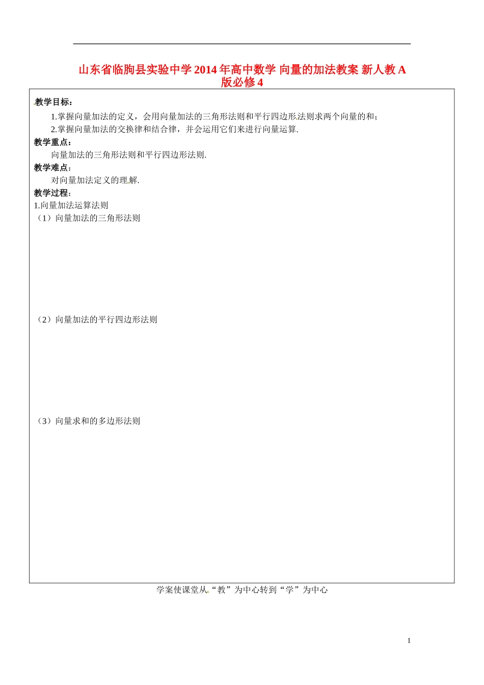 山东省临朐县实验中学2014年高中数学 向量的加法教案 新人教A版必修4_第1页