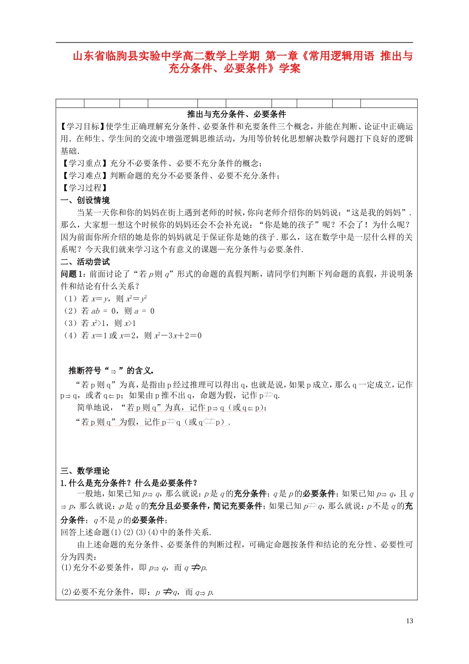 山东省临朐县实验中学高二数学上学期 第一章《常用逻辑用语 推出与充分条件、必要条件》学案_第1页