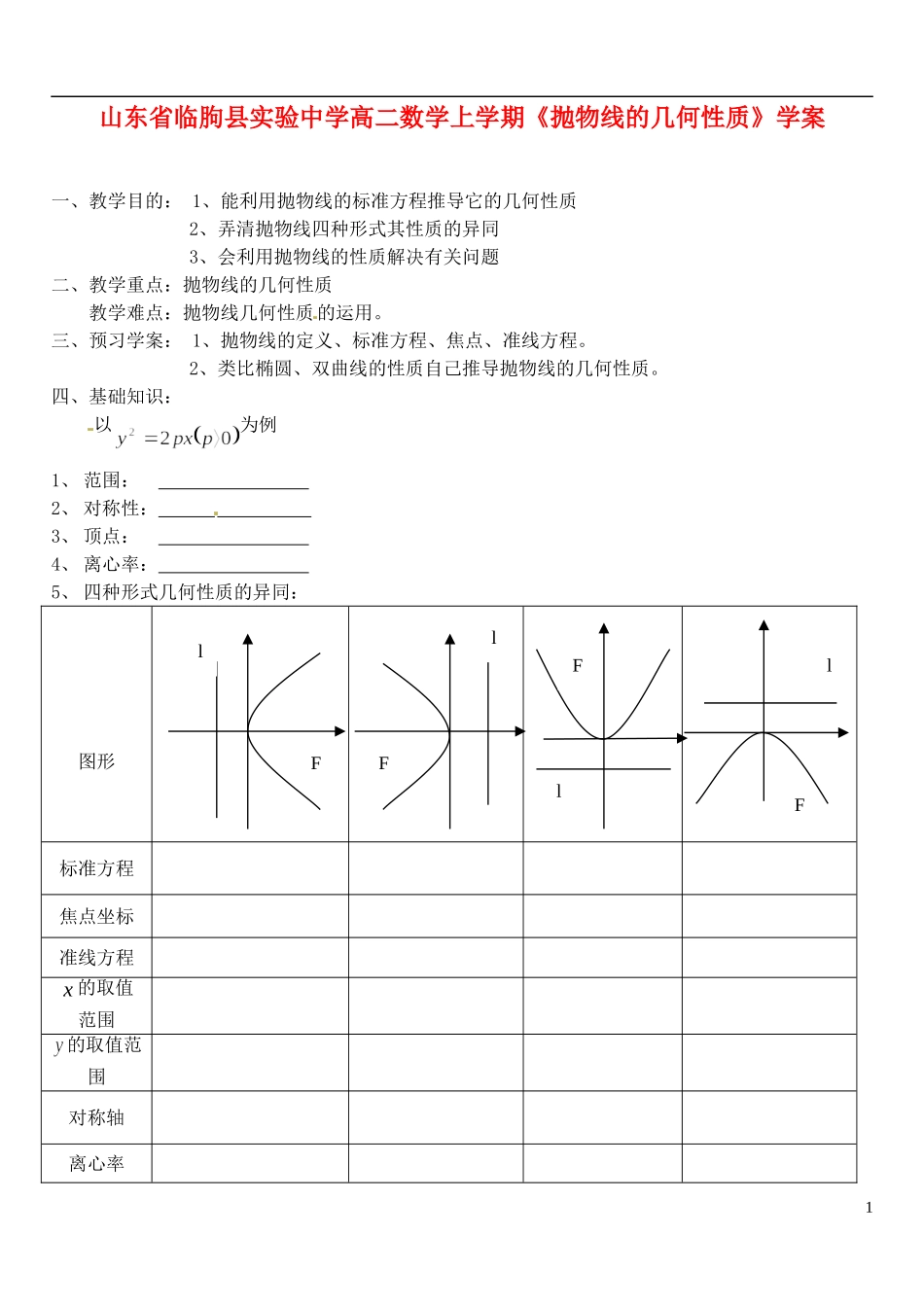 山东省临朐县实验中学高二数学上学期《抛物线的几何性质》学案_第1页