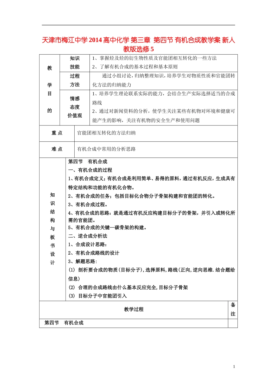天津市梅江中学2014高中化学 第三章  第四节 有机合成教学案 新人教版选修5_第1页