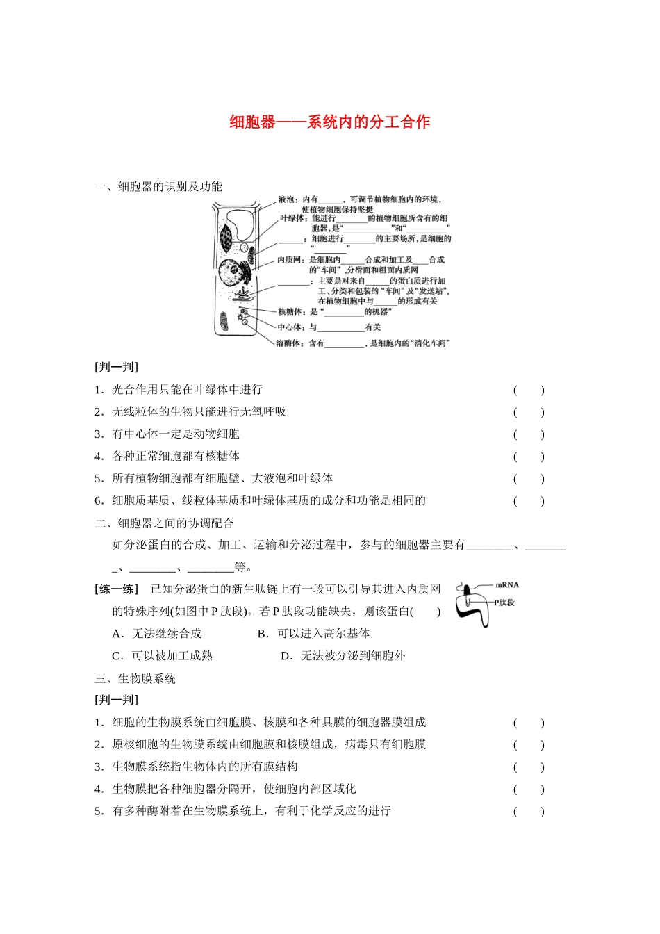 寿县安丰中学2013届高三生物一轮复习 第二单元  细胞器—系统内的分工合作教案_第1页