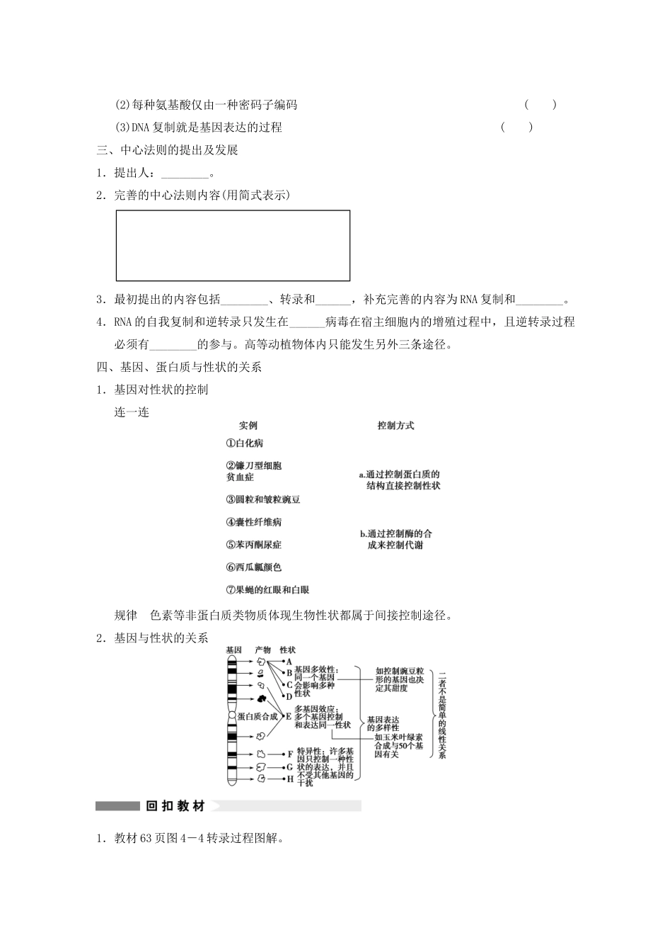 寿县安丰中学2013届高三生物一轮复习 第六单元 基因指导蛋白质的合成及对性状的控制教案_第3页